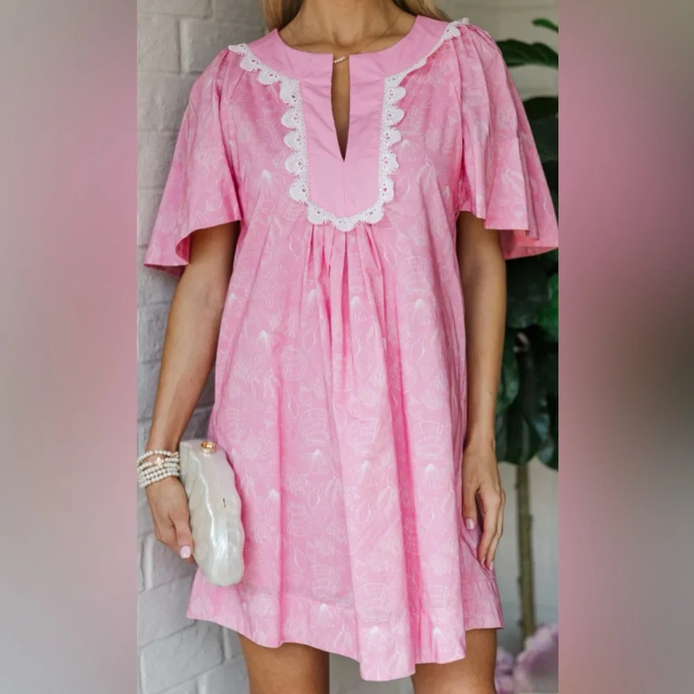 Mint Julep Boutique Pink White Ditzy Lacy Floral Cotton Dress Pockets Large NWT